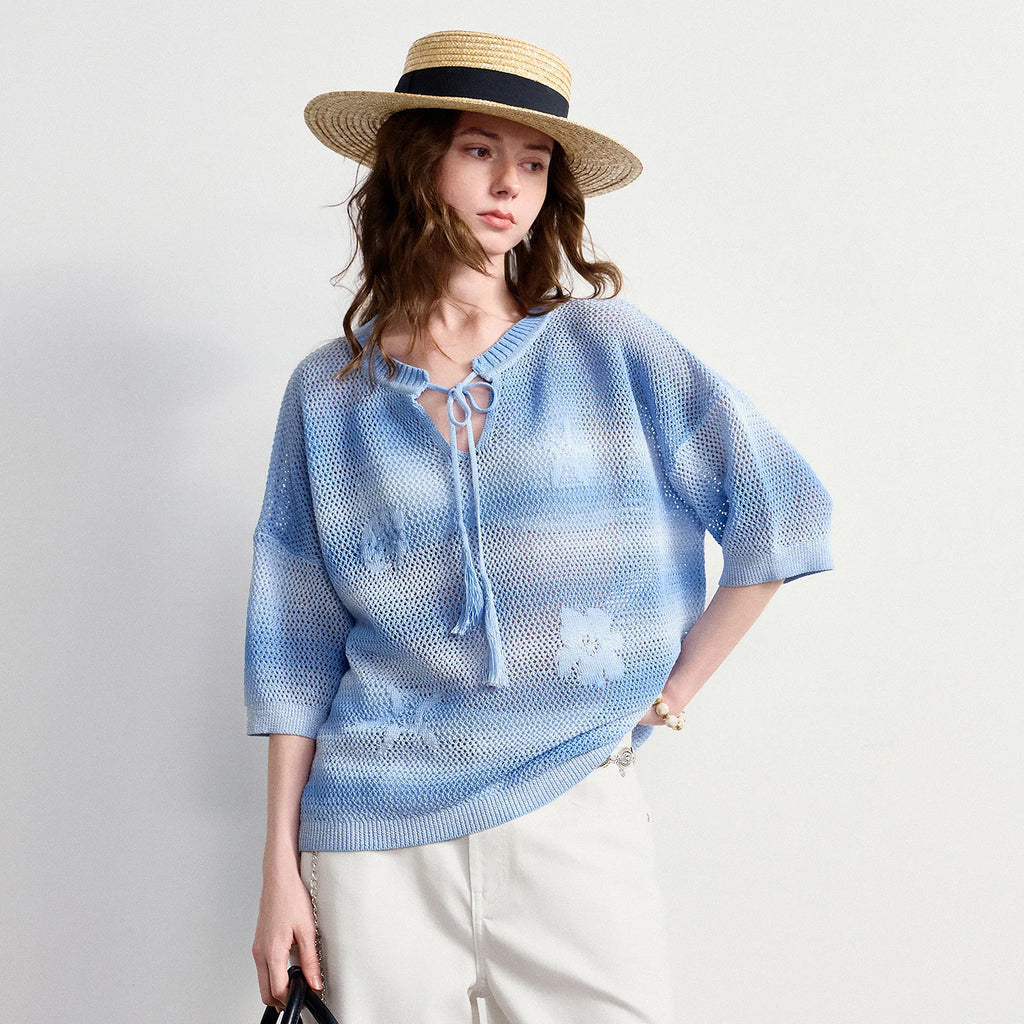 Tie-Neck Open-Knit Top