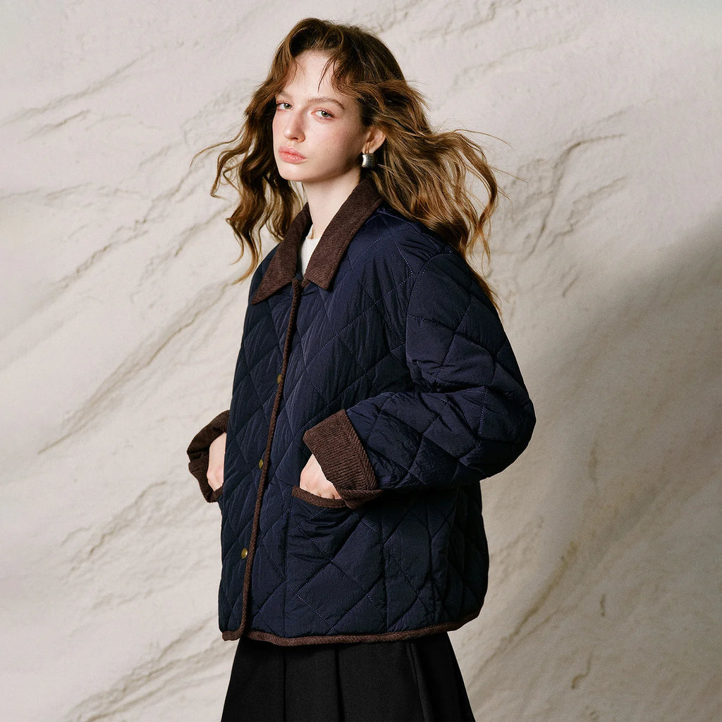Diamond-Quilted Contrast-Collar Jacket