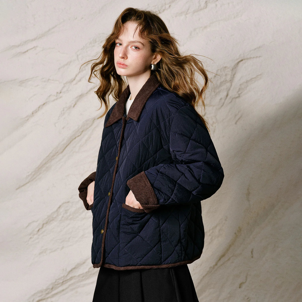 Diamond-Quilted Contrast-Collar Jacket