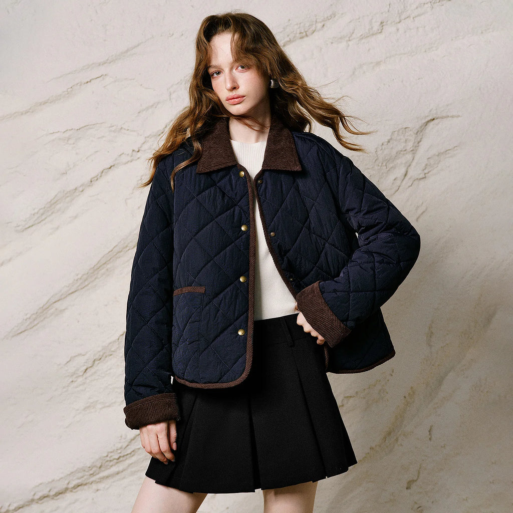 Diamond-Quilted Contrast-Collar Jacket