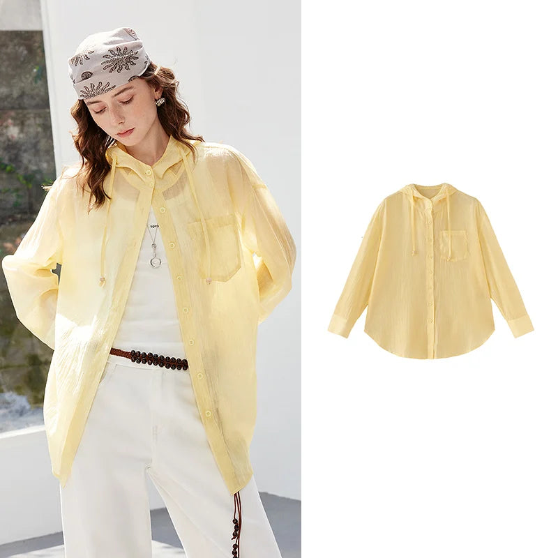 Sheer Zip-Front Hooded Shirt