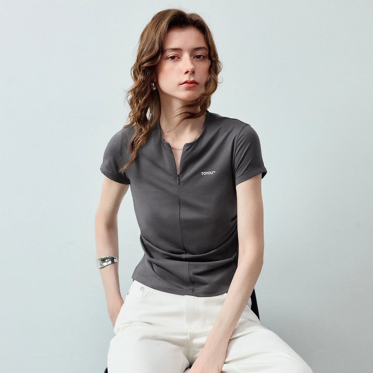 Notched-Neck Short-Sleeve Tee
