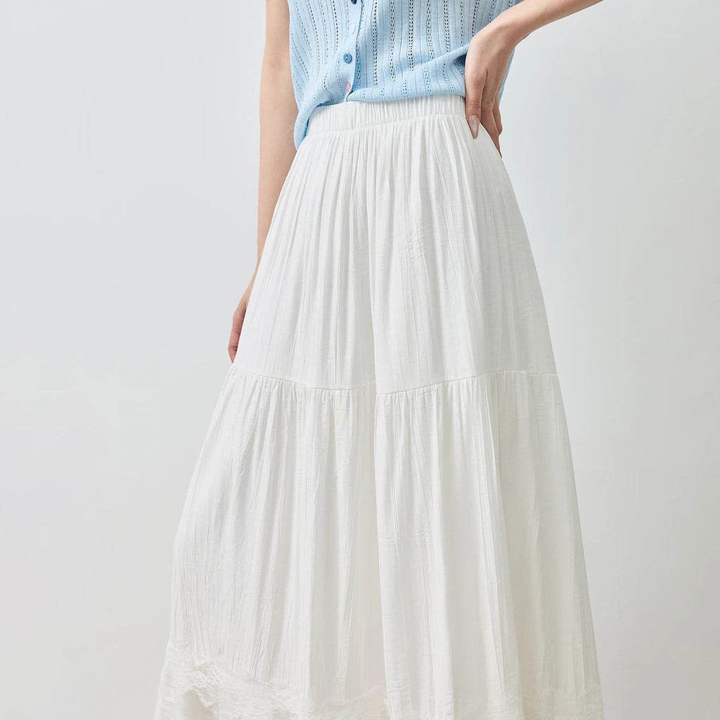 Lace-Trim Gathered Midi Skirt