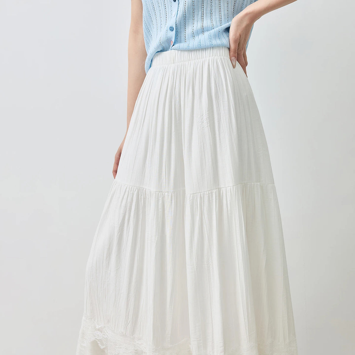 Lace-Trim Gathered Midi Skirt