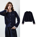 Plaid-Cuff Crewneck Cardigan