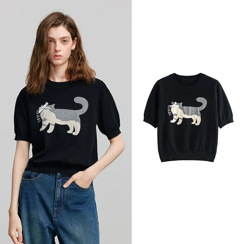 Cat-Motif Knit Tee