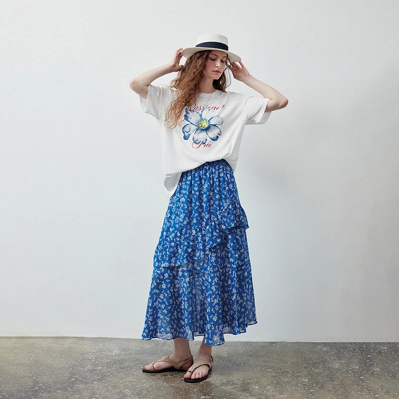 Floral Ruffle-Hem Midi Skirt