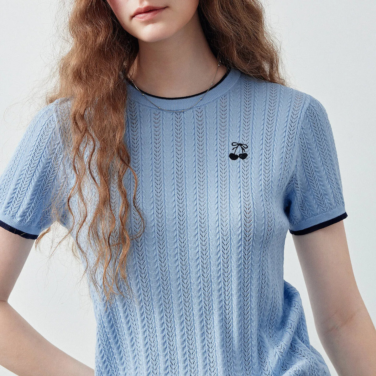 Cable-Knit Contrast-Trim Tee