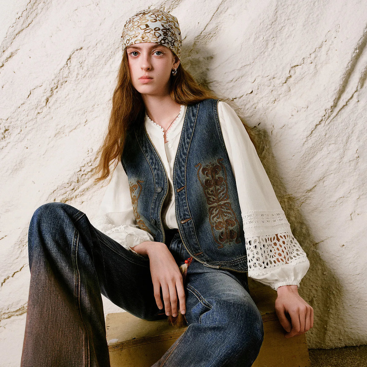 Ornate-Motif Button-Front Denim Vest