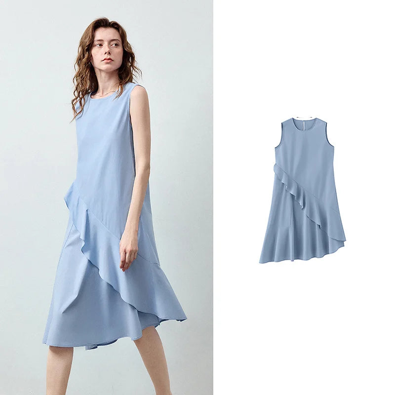 Asymmetric-Ruffle Sleeveless Midi Dress