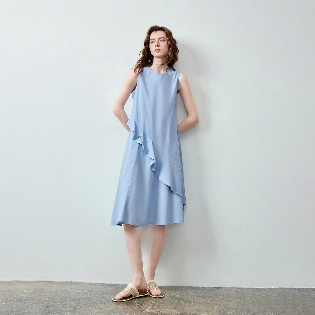 Asymmetric-Ruffle Sleeveless Midi Dress