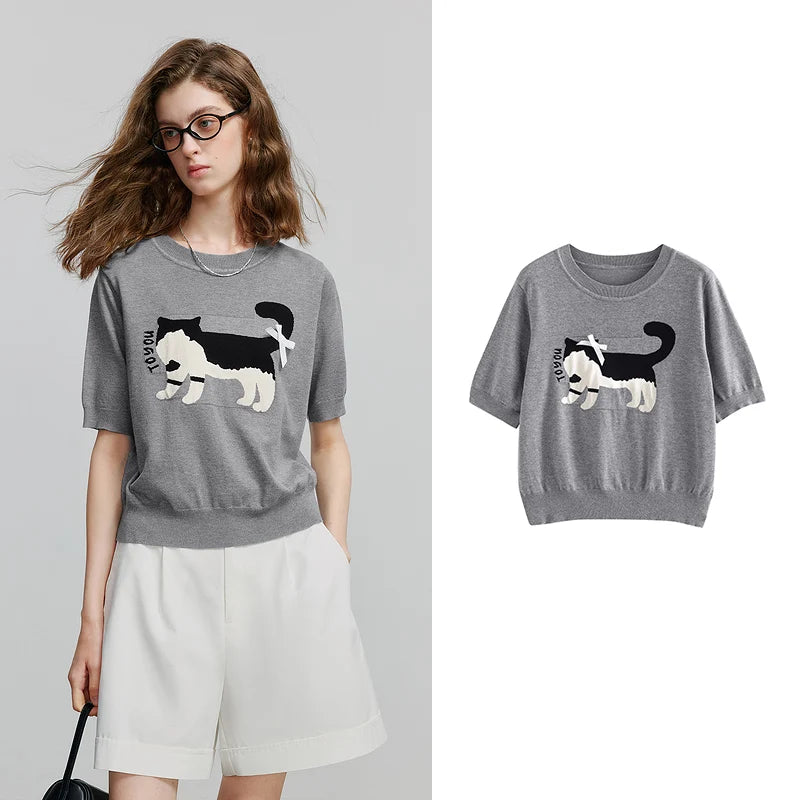 Cat-Motif Knit Tee