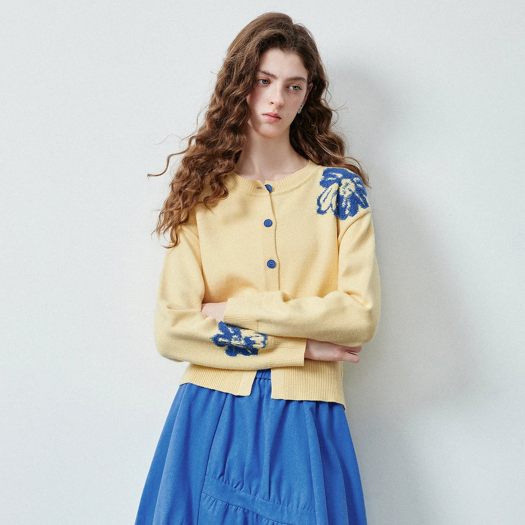Floral-Motif Crewneck Cardigan