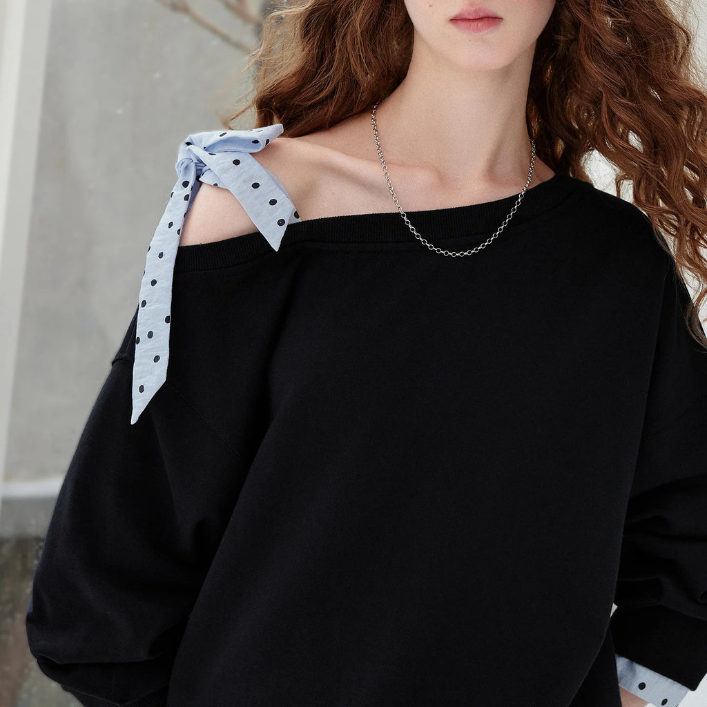 Asymmetric-Neck Bow-Detail Sweatshirt
