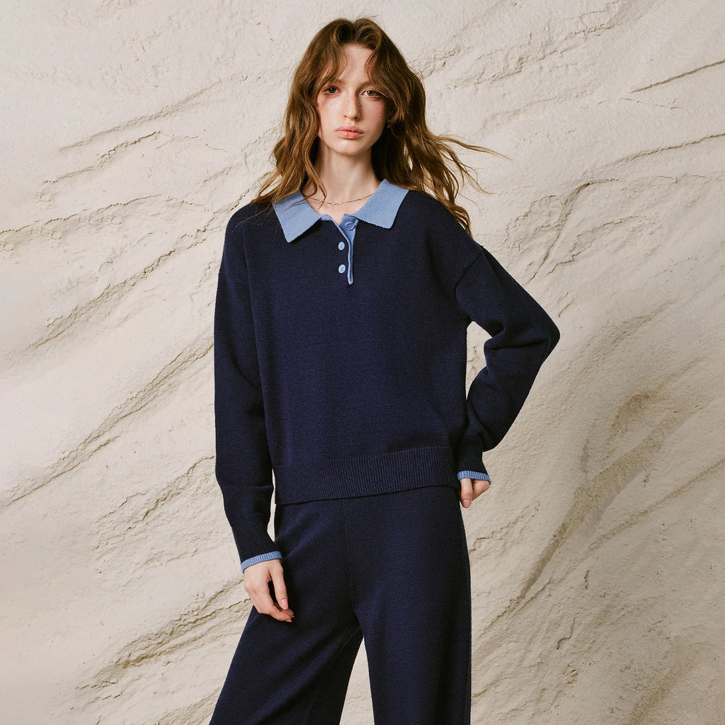 Contrast-Collar Knit Pants Set
