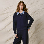 Contrast-Collar Knit Pants Set