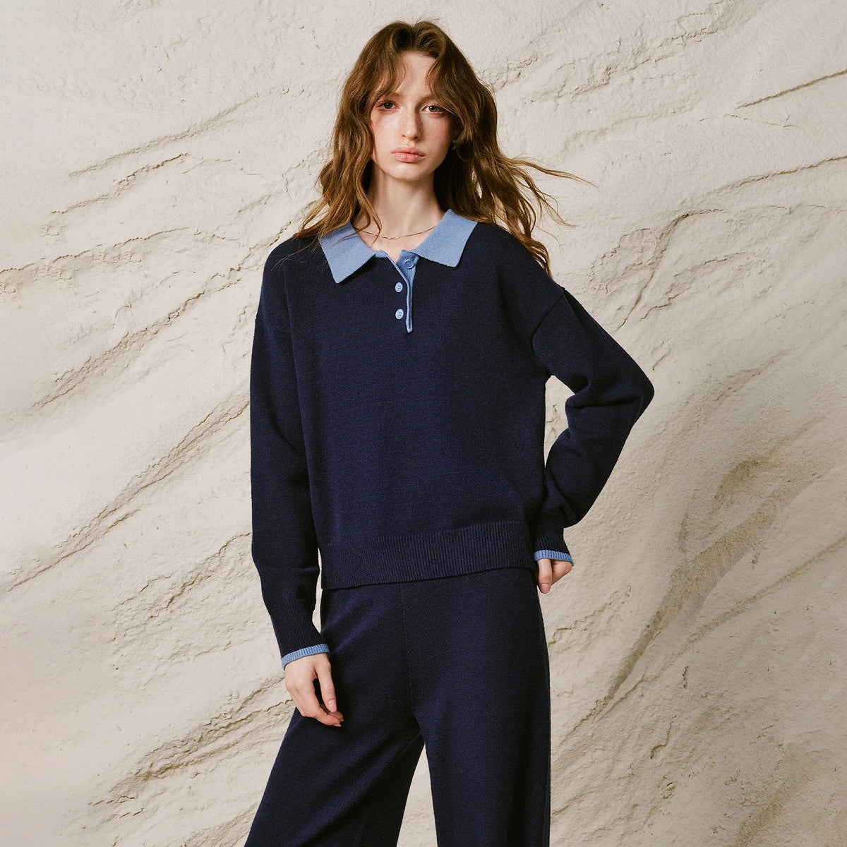 Contrast-Collar Knit Pants Set