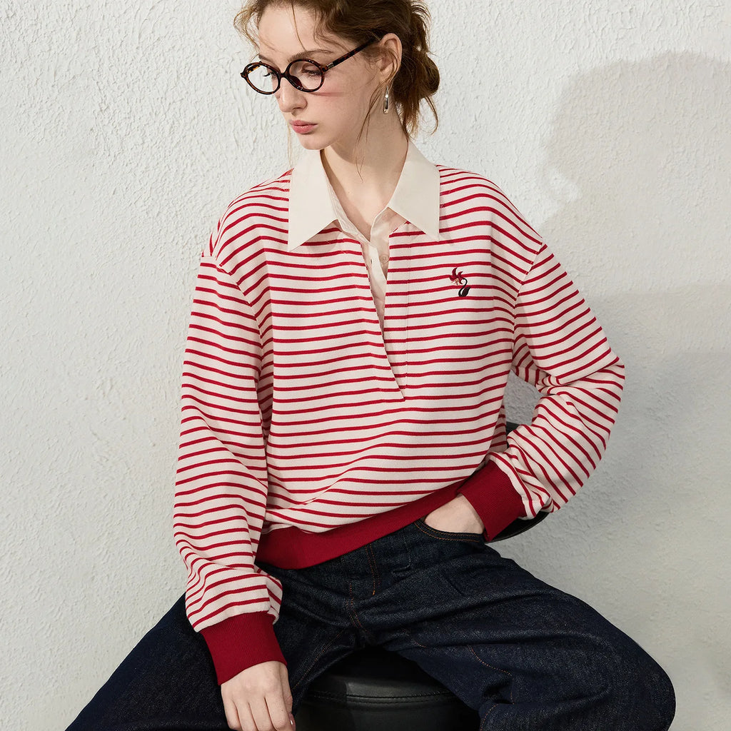 Striped Layered-Look Collared Sweatshirt
