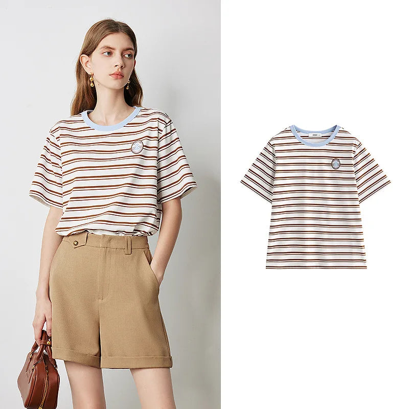 Striped Contrast-Neck Crewneck Tee
