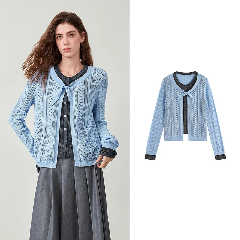 Layered-Look Tie-Front Knit Cardigan