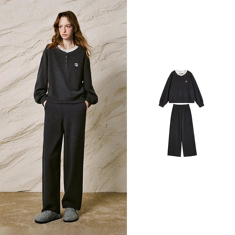 Contrast-Neck Sweatshirt and Pants Set