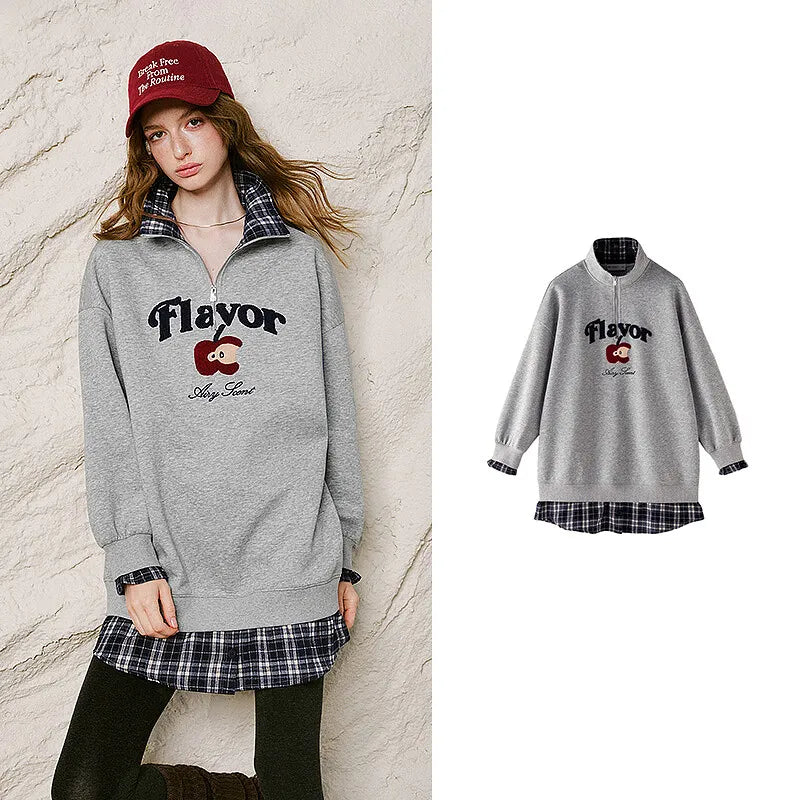 Half-Zip Plaid-Hem Sweatshirt Dress