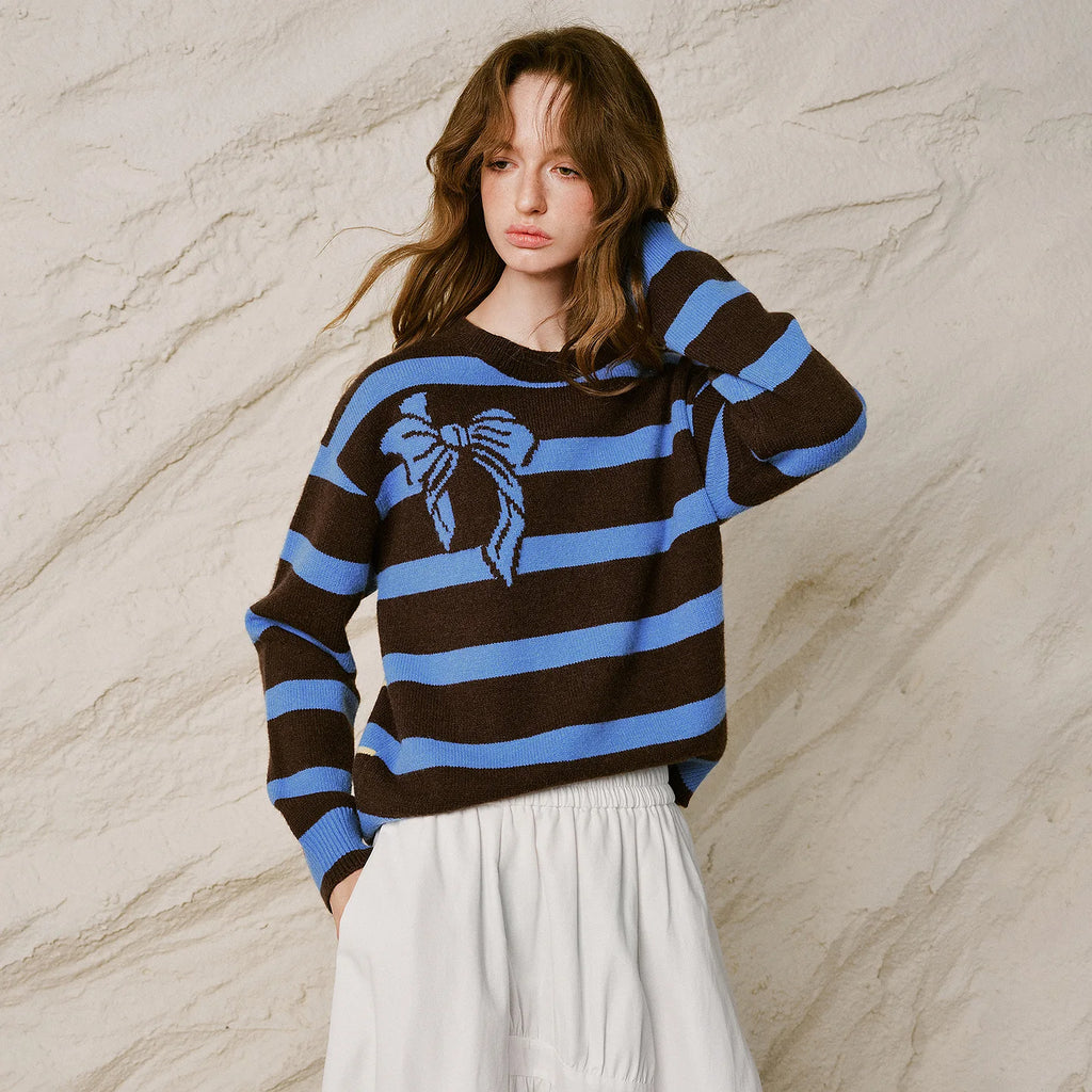 Bow-Motif Striped Knit Sweater