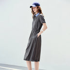 Contrast-Collar Drawstring Midi Dress