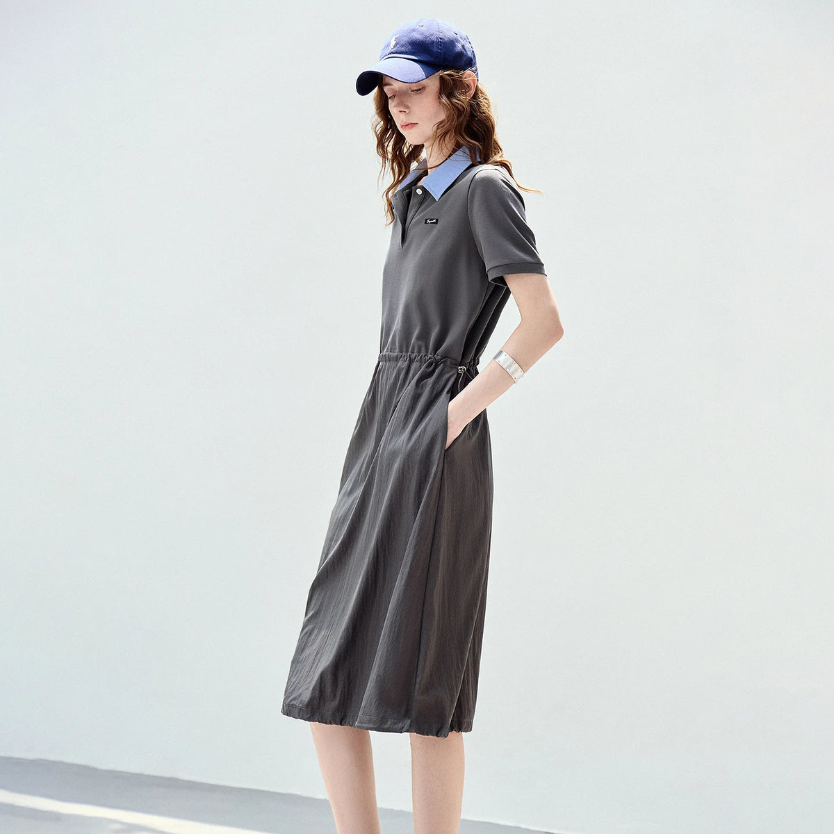 Contrast-Collar Drawstring Midi Dress
