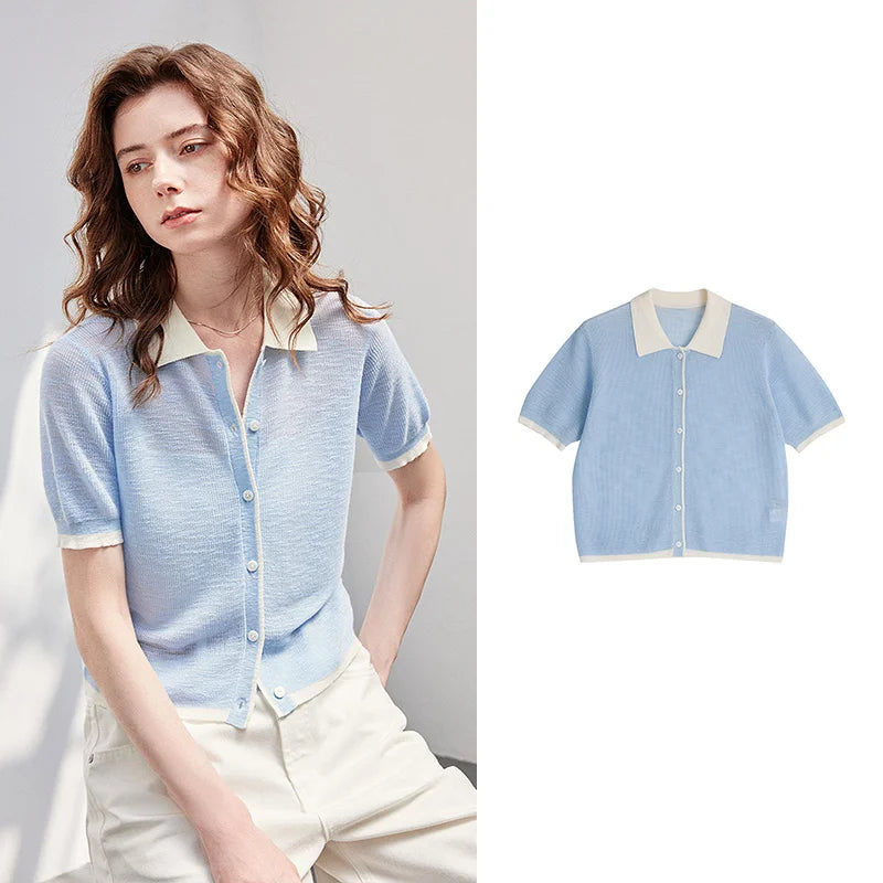 Contrast-Trim Short-Sleeve Knit Cardigan