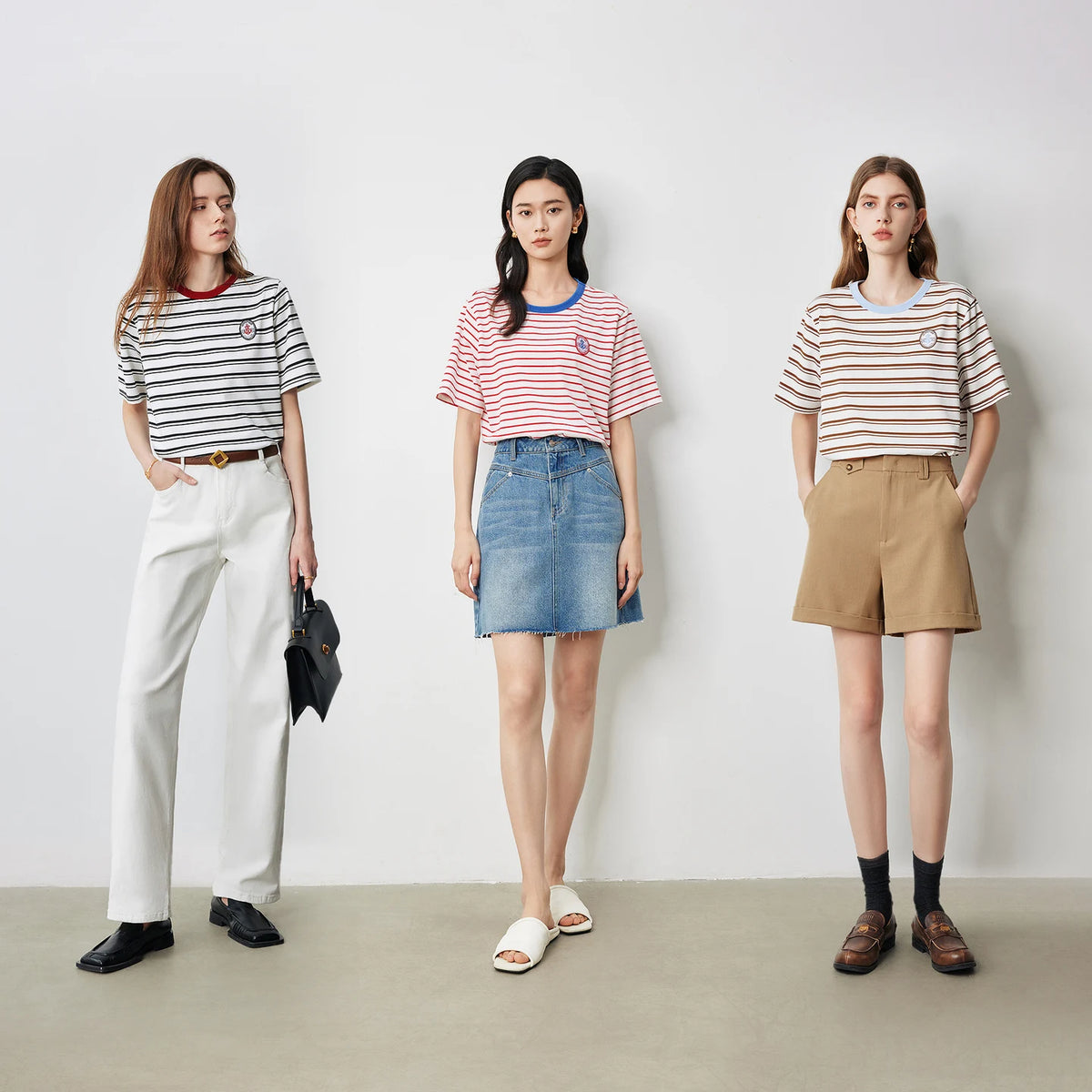 Striped Contrast-Neck Crewneck Tee