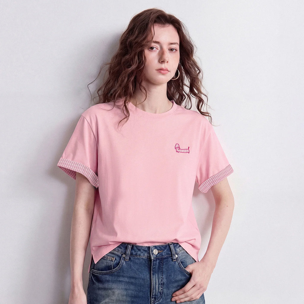 Dog-Motif Contrast-Cuff Tee