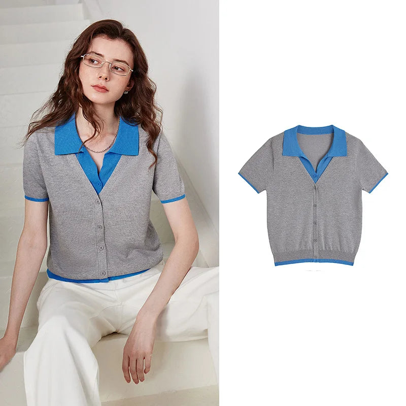 Contrast-Collar Short-Sleeve Cardigan