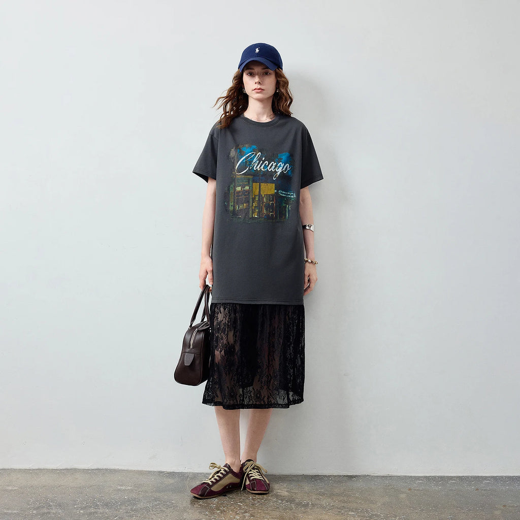 Lace-Hem Graphic T-Shirt Dress