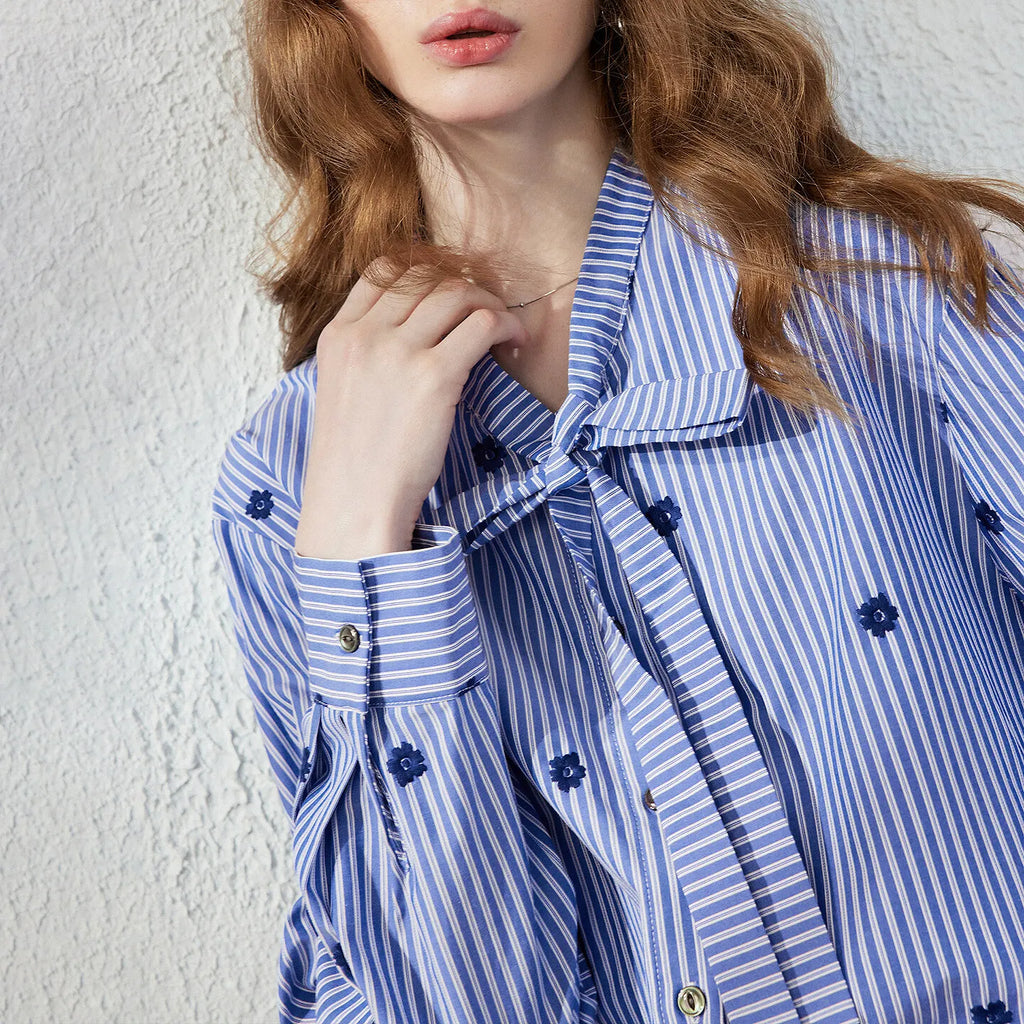 Striped Tie-Neck Button-Up Blouse