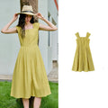 Square-Neck Gathered-Waist Midi Dress