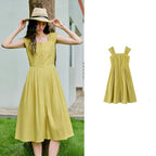 Square-Neck Gathered-Waist Midi Dress