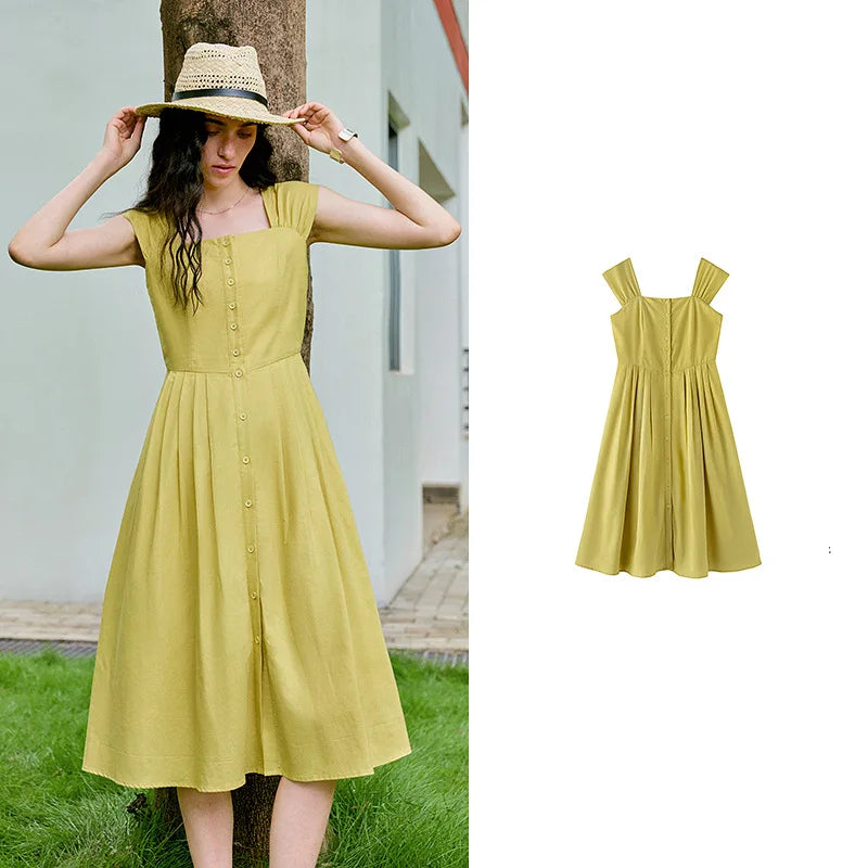 Square-Neck Gathered-Waist Midi Dress