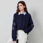 Floral-Sleeve Collared Sweatshirt