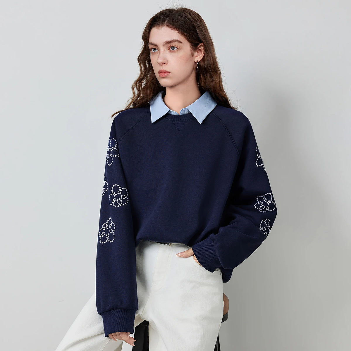 Floral-Sleeve Collared Sweatshirt