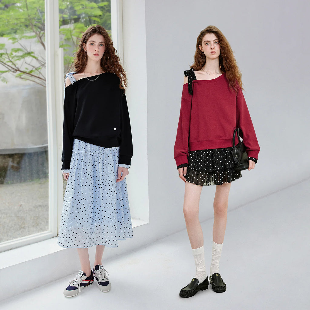 Asymmetric-Neck Bow-Detail Sweatshirt