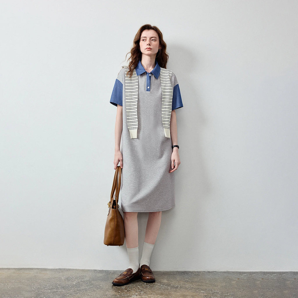 Contrast-Collar Polo Midi Dress