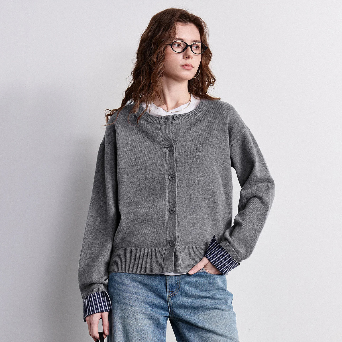 Plaid-Trim Crewneck Cardigan