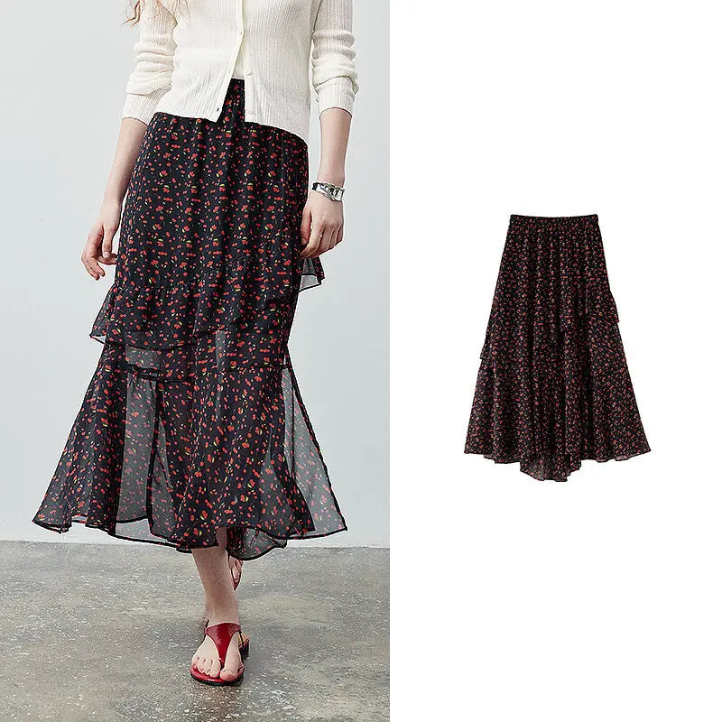 Floral Ruffle-Hem Midi Skirt