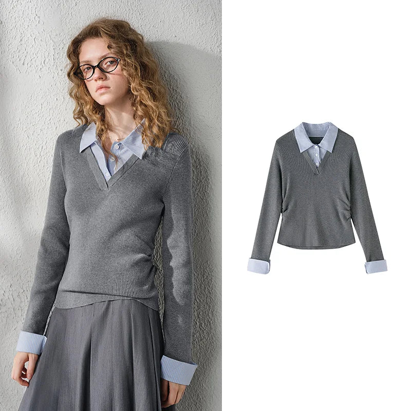 Layered-Look V-Neck Knit Top
