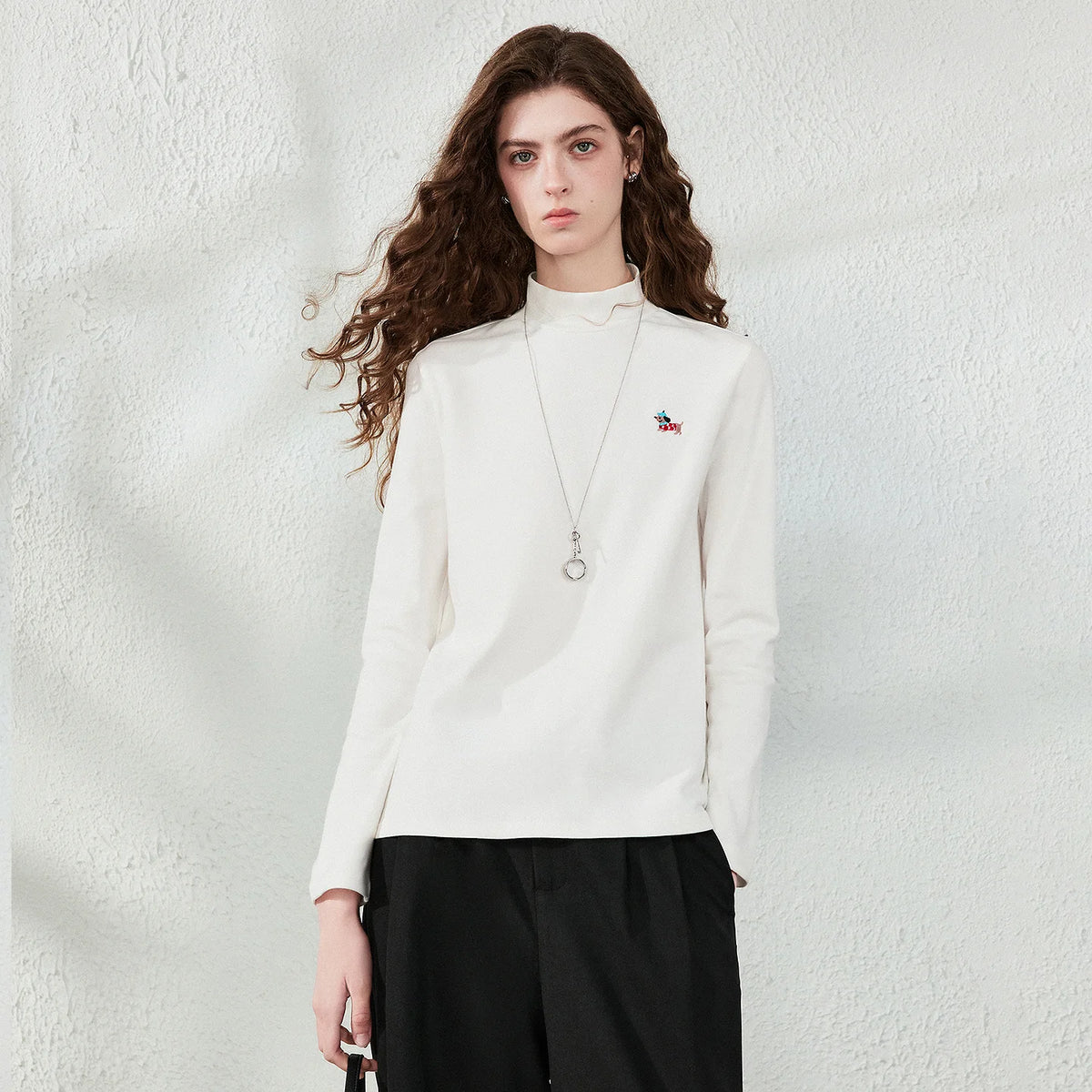 Dog-Detail Mock-Neck Long-Sleeve Tee