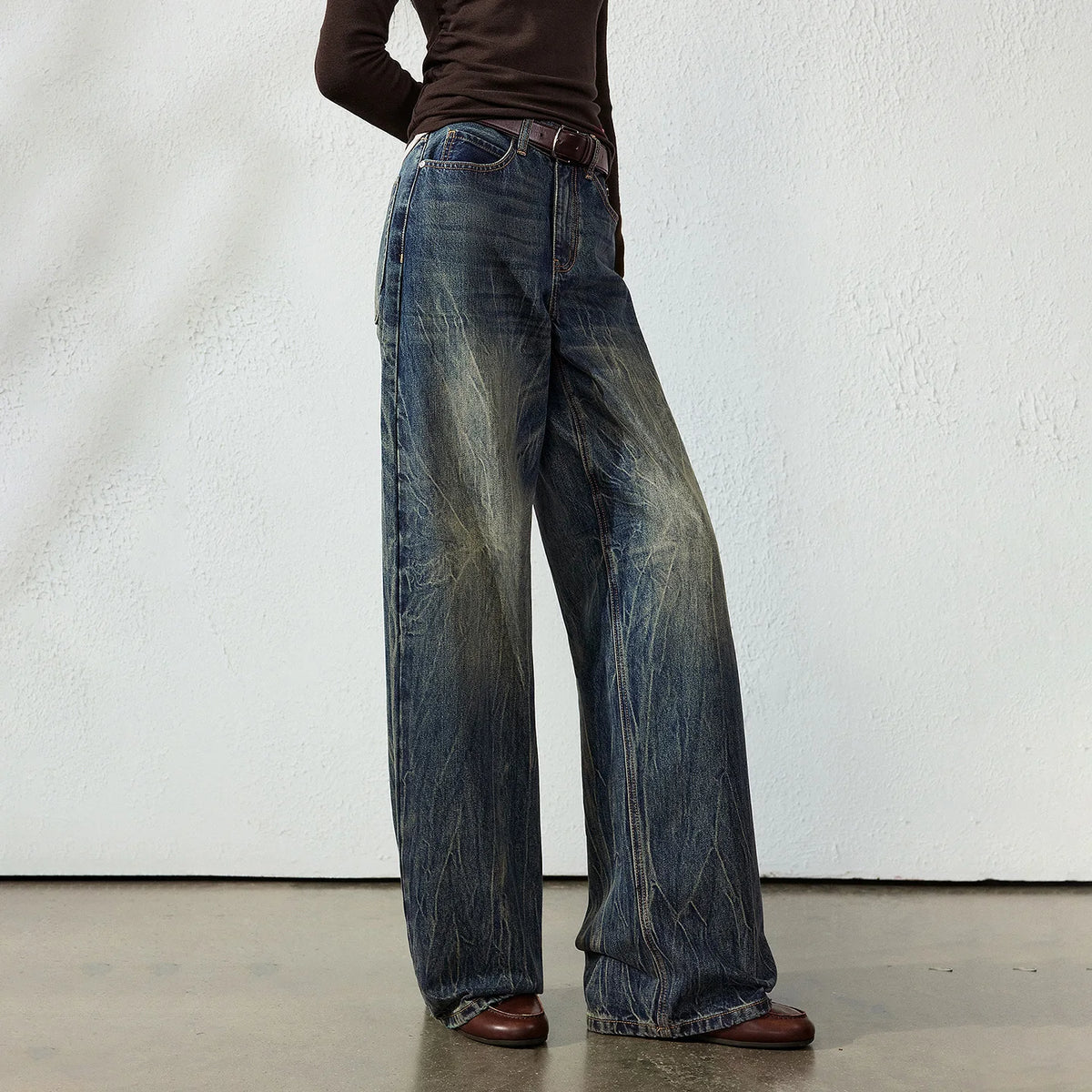 Crackled-Wash Wide-Leg Jeans