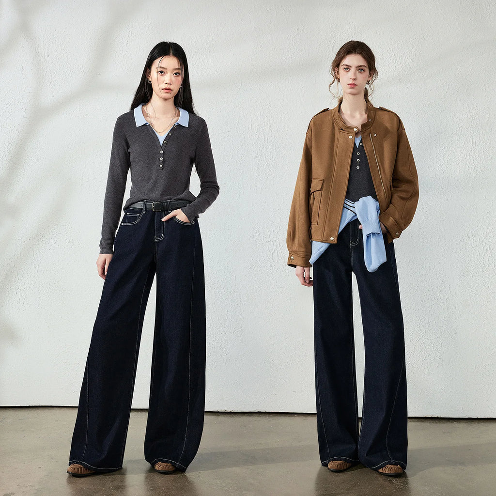 Contrast-Stitch Wide-Leg Jeans