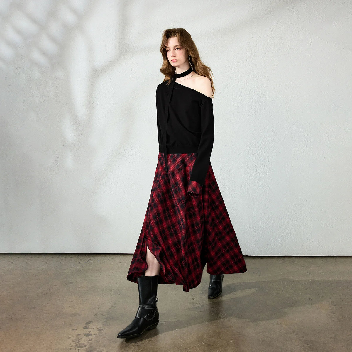 Asymmetric Plaid Midi Skirt