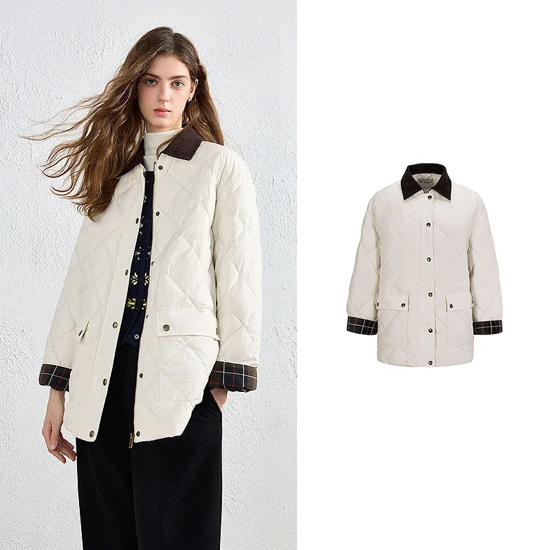 Diamond-Quilted Plaid-Trim Jacket